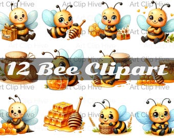Bee Clipart Bundle, Cute Honey Bee PNG, Watercolor Bee Illustrations, Bumble Bee PNG, Beehive, Perfect for Nursery Decor.