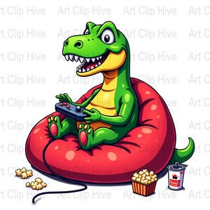 May include: A green cartoon dinosaur wearing a red beanbag chair, holding a video game controller, with a can of soda and a bowl of popcorn nearby.