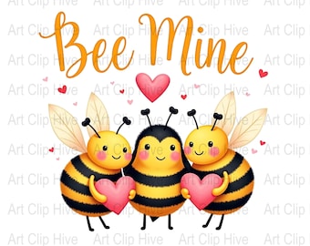 May include: Two cartoon bees holding pink hearts, with the text "Bee Mine" in yellow letters above them. The background is white with small pink hearts scattered around.