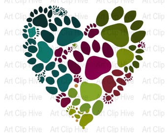 May include: A heart shape made up of paw prints in shades of green, teal, burgundy, and gold.