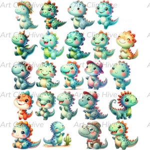 Cute Watercolor Dinosaur Clipart, Cartoon Baby Dino Images, Kids Dinosaur Designs, T-Rex PNG, Nursery Decor, Commercial Use