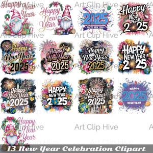 Clipart bonne année 2025, 13 illustrations festives PNG Gnome, journaux indésirables, albums de coupures, agendas numériques, publicité, sublimation