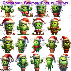 Clipart cactus grincheux, sublimation de Noël PNG, Art drôle de cactus de vacances, conception mignonne de Noël, téléchargement immédiat, cactus numérique de Grinch