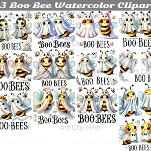 May include: A collection of watercolour clipart illustrations featuring "Boo Bees". The designs show bees dressed as ghosts, angels, and bees with floral details. The text "Boo Bees" is incorporated. Ideal for Halloween-themed projects and crafts.