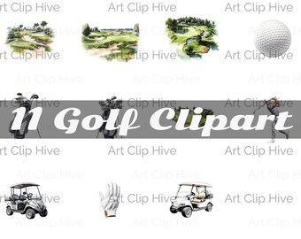 Paquete de imágenes prediseñadas de golf, gráficos de palos de golf en acuarela, golfista en formato PNG, carrito de golf, pelota de golf, campo de golf, diseño deportivo, descarga digital