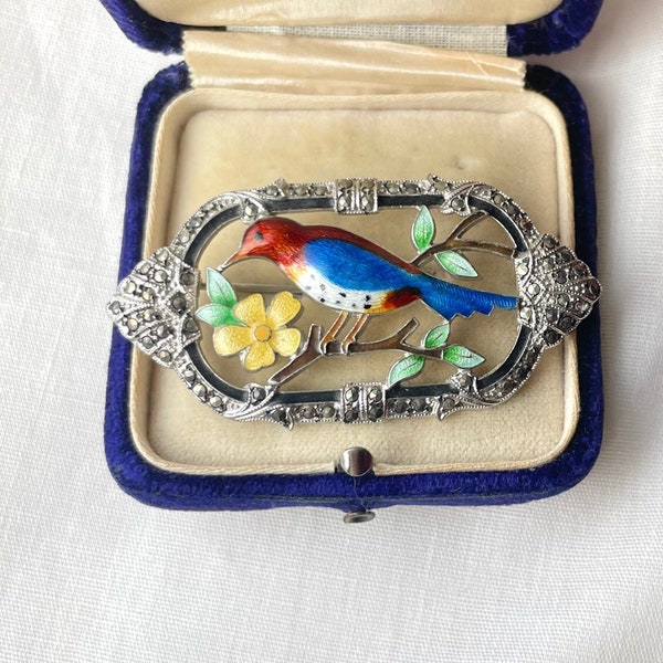 Antique Sterling Enamel Marcasite Bird Pin - Blue Bird 925 Marcasite Enamel, Signed Sterling Bird, Red Yellow Green Enamel, Mother's