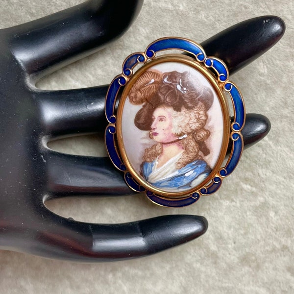 TLM Hand Painted Portrait Pin or Pendant - Blue Enamel, Signed TLM, Thomas L Mott, English British Vintage, Large