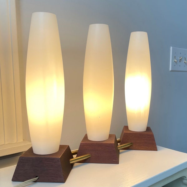 Triple Frosted Glass Teak MCM Lamp - Teak Table Lamp, Mid Century Modern Glass Teak Light, Works, Three Lights