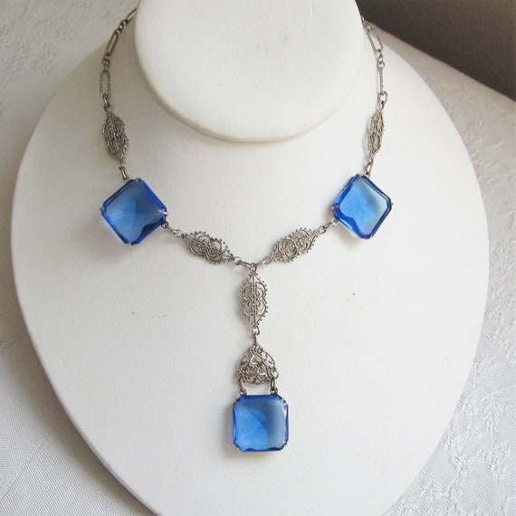 Antique Blue Glass Lavalier Necklace - Filigree, … - image 7