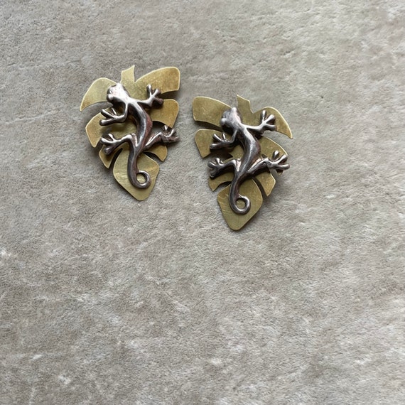Sterling Salamander & Brass Leaf Earrings - Big A… - image 5