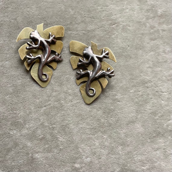 Sterling Salamander & Brass Leaf Earrings - Big A… - image 1