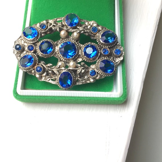 Big Czech Blue Paste Glass Brooch - Czech Paste G… - image 4