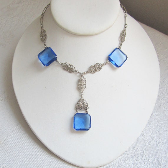 Antique Blue Glass Lavalier Necklace - Filigree, … - image 6