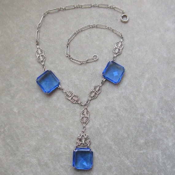 Antique Blue Glass Lavalier Necklace - Filigree, … - image 3