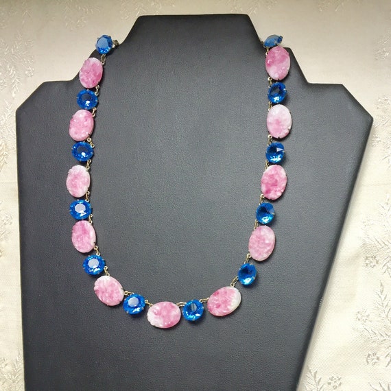Pink Peking Czech Glass and Blue Crystal Necklace 
