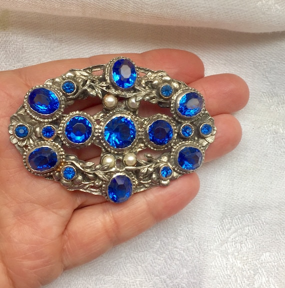 Big Czech Blue Paste Glass Brooch - Czech Paste G… - image 2