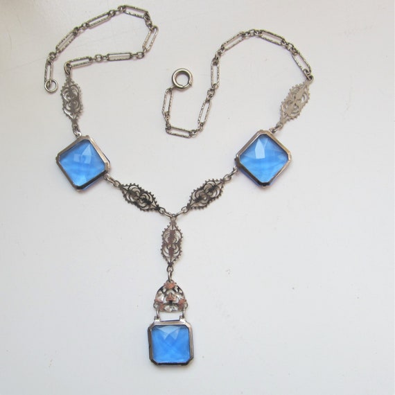 Antique Blue Glass Lavalier Necklace - Filigree, … - image 9