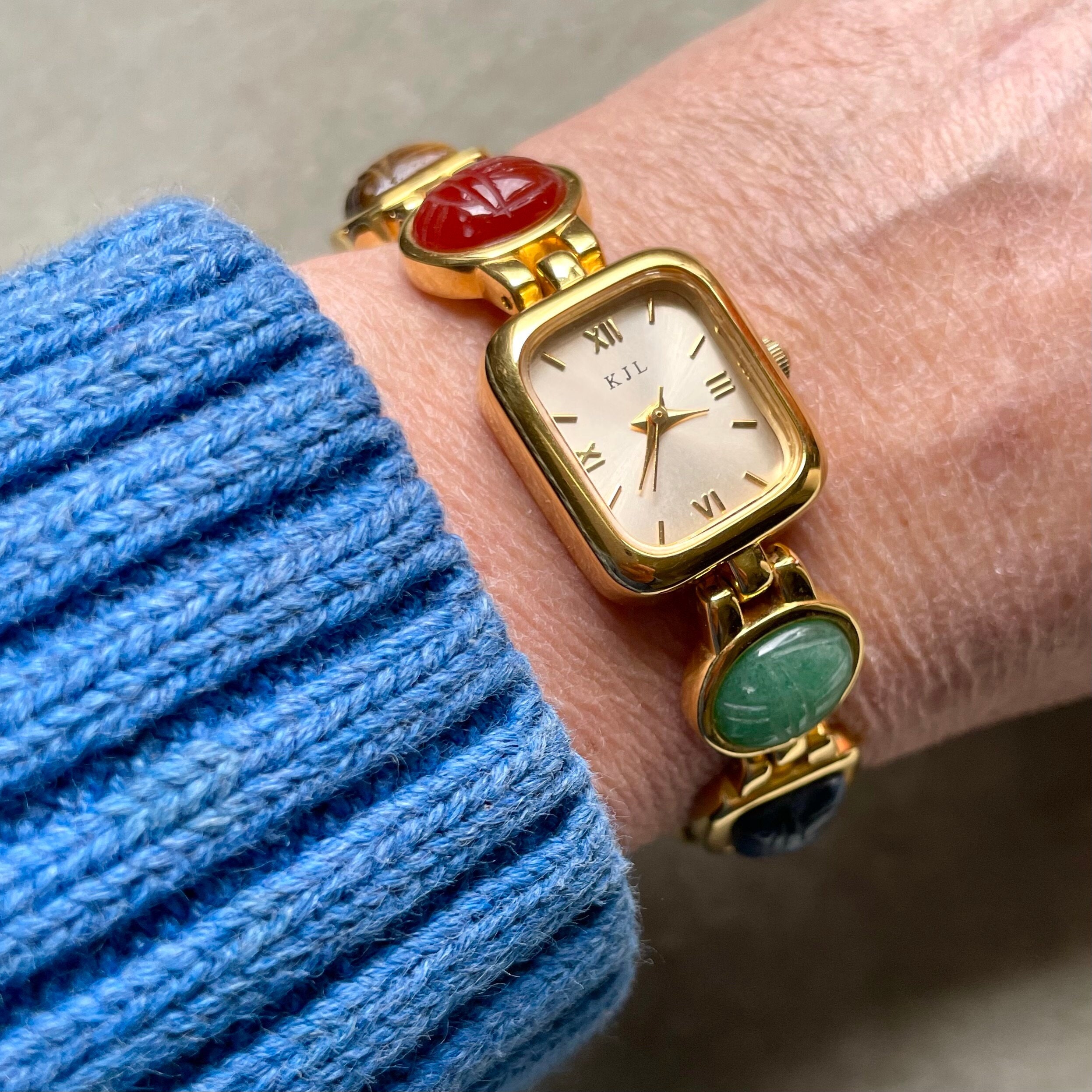 Vintage Kenneth Jay Lane KJL Ladies Egyptian Scarab Watch RUNS WORKING Bracelet Vintage Kenneth Jay Lane® Egyptian Scarabs Watch, 6 Carved  main image 4