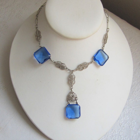 Antique Blue Glass Lavalier Necklace - Filigree, … - image 4