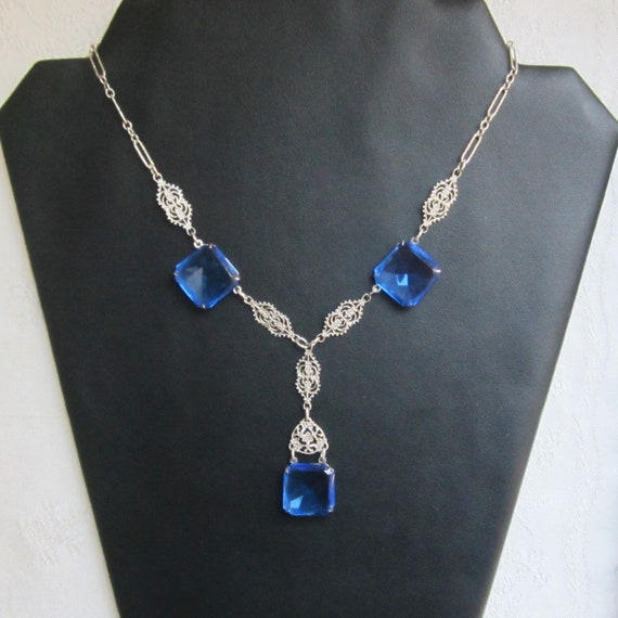 Antique Blue Glass Lavalier Necklace - Filigree, … - image 5