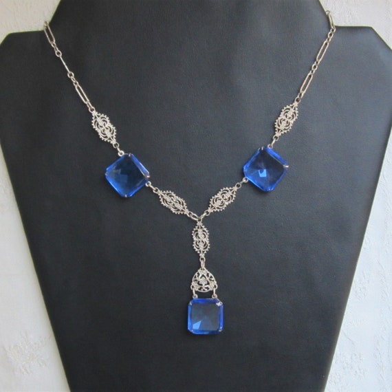 Antique Blue Glass Lavalier Necklace - Filigree, … - image 2