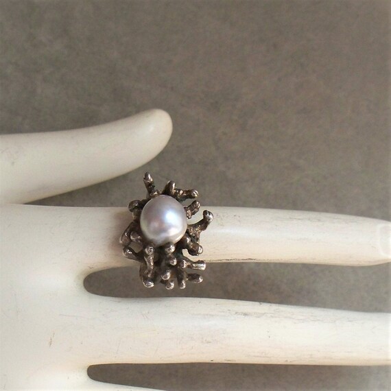 MCM Brutalist Sterling & Pearl Ring - Signed Sterl