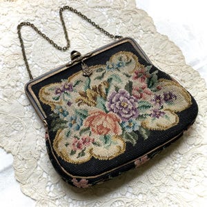 Fine Antique Petit Point Handbag - Marcasite, Black Glass, Enamel