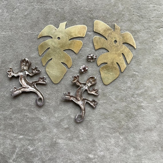 Sterling Salamander & Brass Leaf Earrings - Big A… - image 6