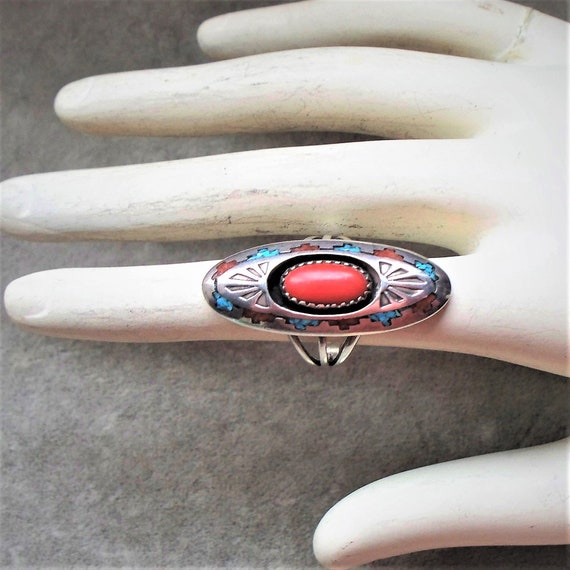 Native American Coral Turquoise Shadow Box Ring -