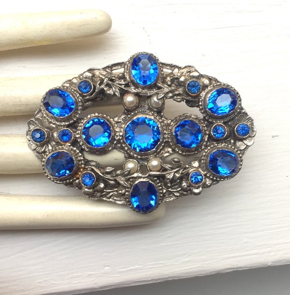 Big Czech Blue Paste Glass Brooch - Czech Paste Gl