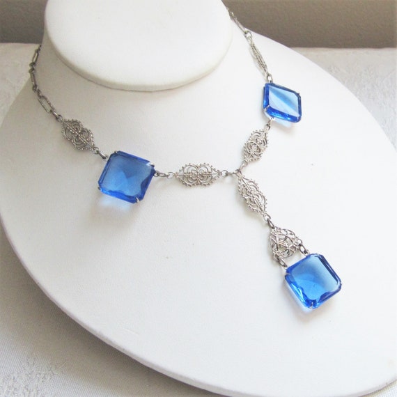 Antique Blue Glass Lavalier Necklace - Filigree, … - image 1