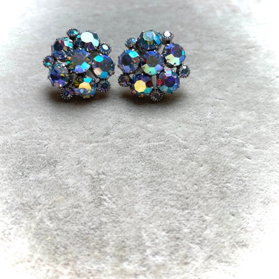 Weiss AB Blue Rhinestone Clip Earrings