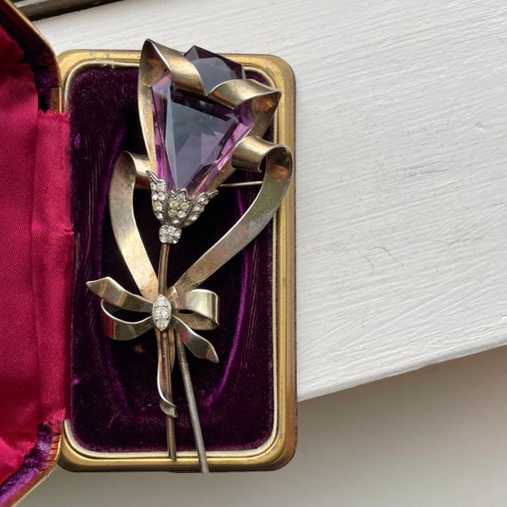 Very Large 1940s 925 Sterling Amethyst Glass Brooch - Huge Big Hollywood Regency