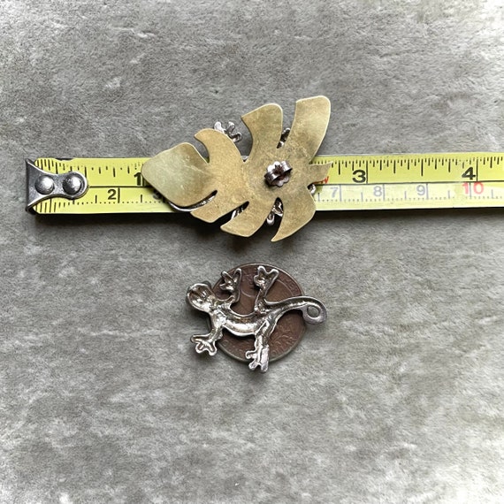 Sterling Salamander & Brass Leaf Earrings - Big A… - image 7