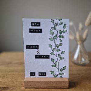Postkarte mit Kartenhalter-Pflanzen-Floristik-bemalt und etikettiert-Wasserfarbe Aquarell Schreibmaschinenschrift-Bibelvers-Christlich