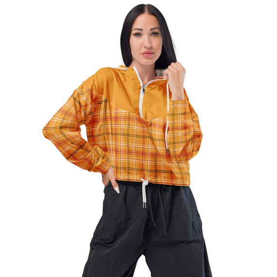 Windbreaker Water Resistant Breathable Hood and Pocket Orange Plaid Cropped Jacket Windbreaker Etsy Canada