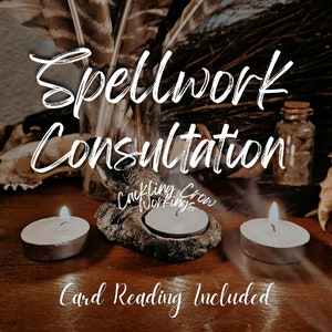 May include: An image with the text "Spellwork Consultation" and "Card Reading Included". The scene includes lit candles, feathers, and a small jar. The overall aesthetic is mystical and spiritual.