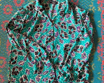 Blusa de lunares verde azulado, camisa vintage floral turquesa, blusa fresca y fresca de verano, blusa de manga larga, linda, femenina, azul, con botones, transparente, para trabajo, verde*