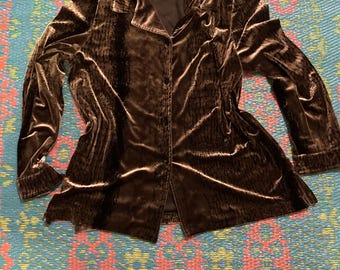 Blusa vintage de terciopelo marrón y gris Y2K, suave y aterciopelada, color chocolate y plateado, con botones, estilo años 2000, con estampado animal, ideal para una cita nocturna de trabajo.