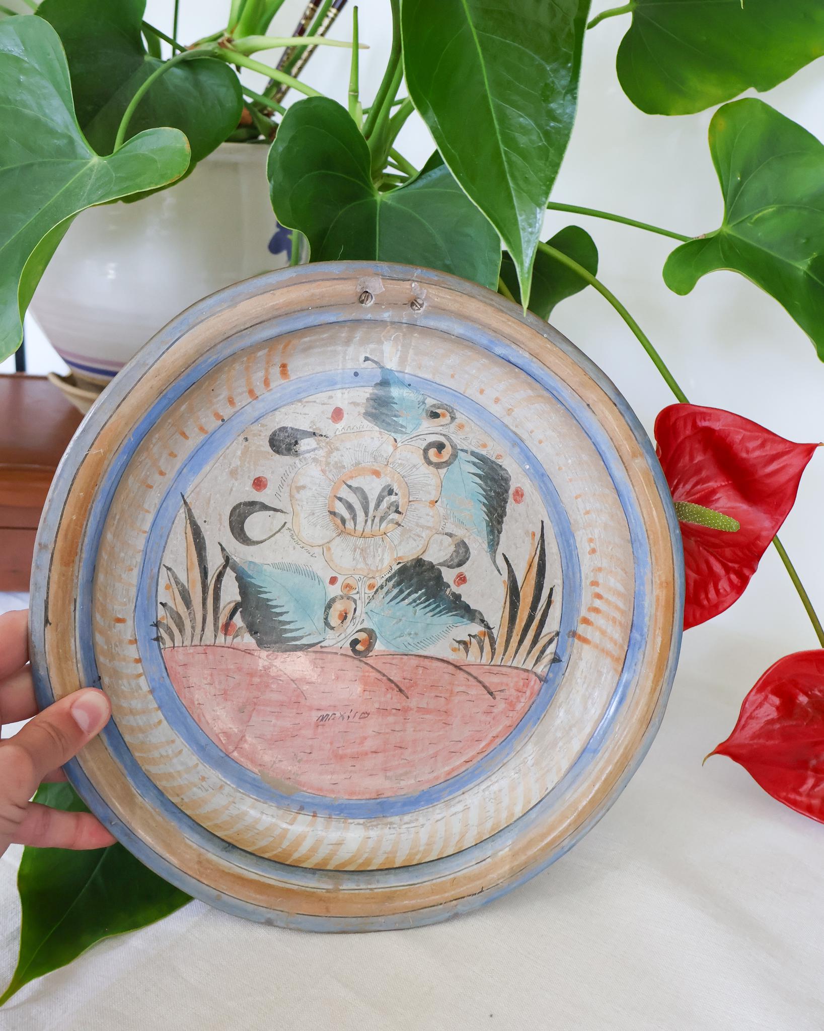 Vintage Tonala Ceramic Plate | Soft Pastel Folk Art | Ready to Hang