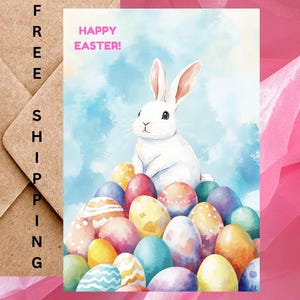 Jolie carte de Pâques avec un lapin blanc avec des œufs de Pâques colorés - Carte de Pâques aquarelle joyeuses Pâques - Une carte avec enveloppe ou paquet de 5