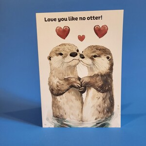 Jolie carte d'anniversaire de loutres ou carte de Saint-Valentin - Anniversaire de mariage d'art aquarelle loutres avec jeu de mots drôle, carte simple avec enveloppe
