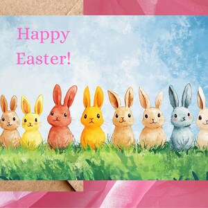 Carte de lapins de Pâques de mignons lapins aquarelle multicolores avec légende Joyeuses Pâques - Une seule carte avec enveloppe ou lot de 5