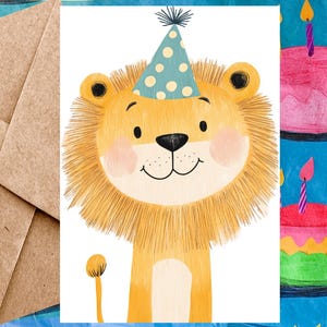 Jolie carte d'anniversaire de lion pour enfant - Carte de joyeux anniversaire Illustration de lion et chapeau d'anniversaire - Carte à l'unité avec enveloppe ou lot de 5