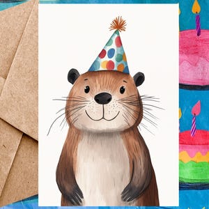 Jolie carte d'anniversaire castor pour enfant - Carte de joyeux anniversaire Illustration castor et chapeau d'anniversaire - Carte à l'unité avec enveloppe ou paquet de 5