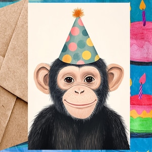 Cute Chimp Birthday Card For Kid - Happy Birthday Card Chimpanzee Illustration & Birthday Hat - Single Card With Envelope or 5-Pack