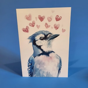 Jolie carte d'anniversaire de geai bleu ou carte de voeux d'amour - aquarelle carte d'anniversaire de mariage geai bleu avec enveloppe ou lot de cinq