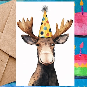 Jolie carte d'anniversaire d'orignal pour enfant - Carte de joyeux anniversaire Illustration d'orignal et chapeau d'anniversaire - Carte à l'unité avec enveloppe ou paquet de 5