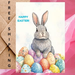 Jolie carte de Pâques avec un lapin gris et des oeufs de Pâques colorés - Carte de Pâques aquarelle Joyeuses Pâques - Une carte avec enveloppe ou paquet de 5