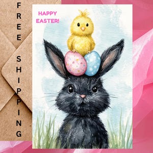 Carte de Pâques rigolote avec un poussin et un lapin avec des œufs de Pâques - Carte de Pâques aquarelle joyeux lapin de Pâques - Carte à l'unité avec enveloppe ou paquet de 5
